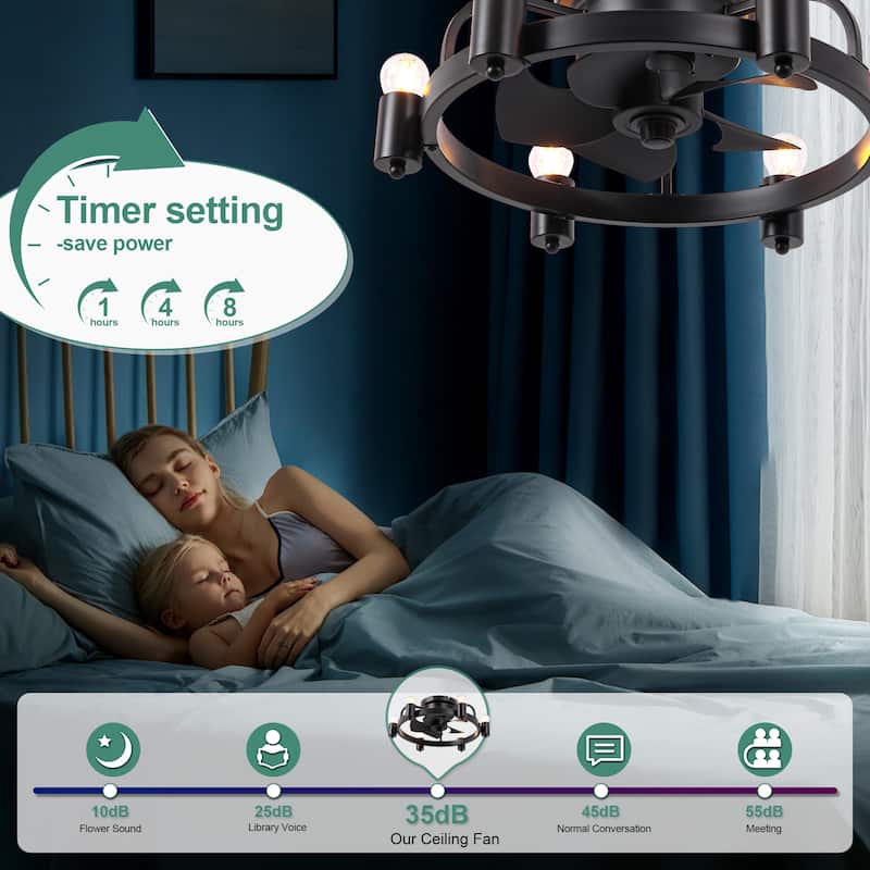 Cusp Barn 20 Inch Black Low Profile Flush Mount Ceiling Fan with Light and Remote, Industrial 6 Speeds DC Motor Ceiling Fan