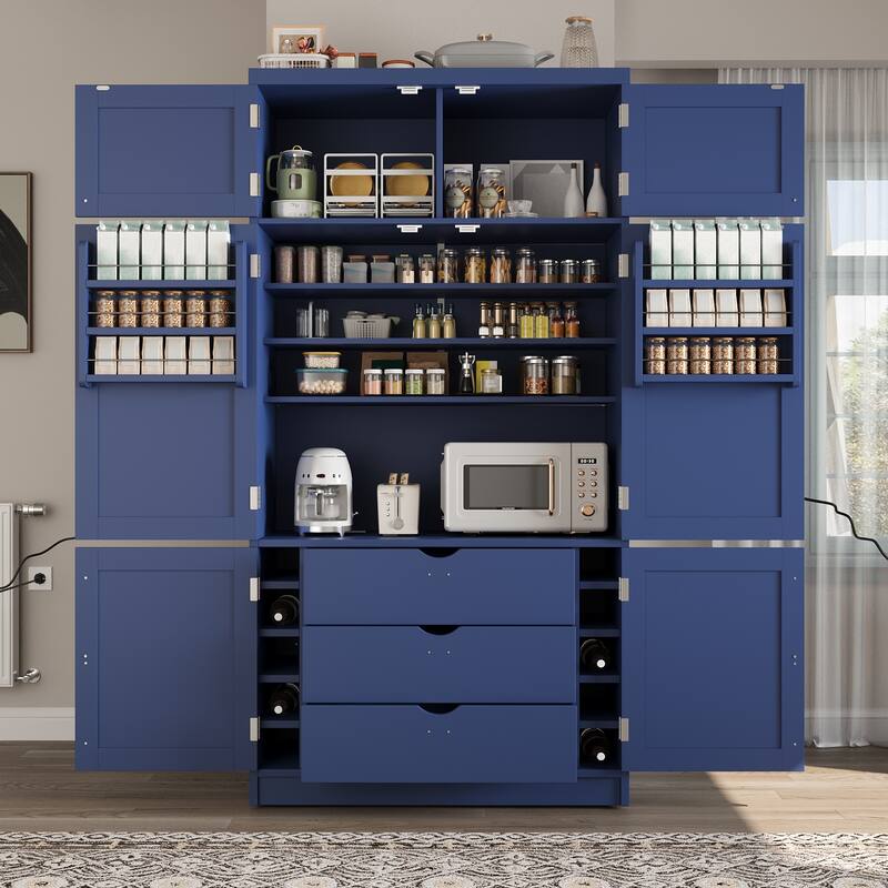 Modern 80.1" Tall Freestanding Kitchen Pantry Cabinet with Adjustable Shelves and 2 Power Outlets