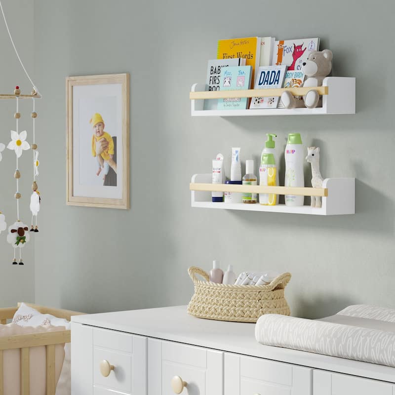 Wallniture Florida Wooden Wall Shelves for Kids Room Decor, 24", White, Set of 2