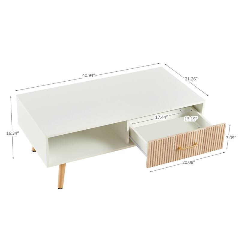 Rectangle Coffee Table with Solid Wood Legs, Sliding Drawer for Storage, Modern Table for Living Room
