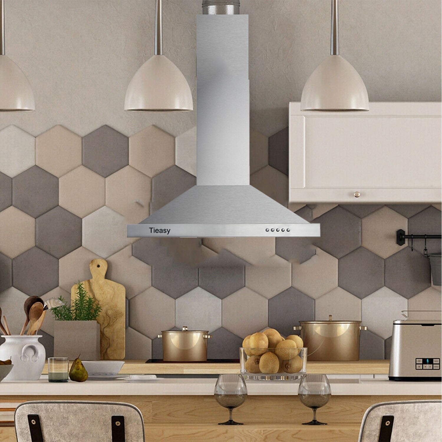 Tieasy 36 inch Island Range Hood 700 CFM, 4 LED Lights 5-Layer Filters, Kitchen Hood Ducted/Ductless Convertible