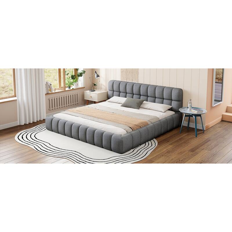 Roomfitters King Size Upholstered Platform Bed, Low Profile Fabric Bed Frame with Solid Wood Support