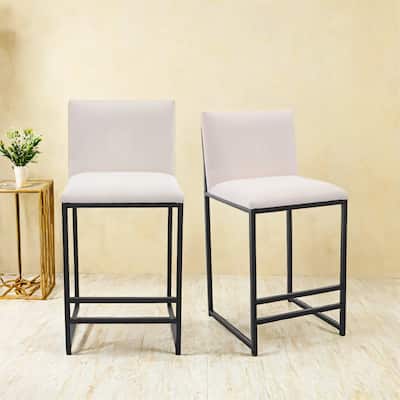 Counter Height Bar Stools Set of 2, Upholstered Linen Bar Chairs, Metal Footrest and Frame.