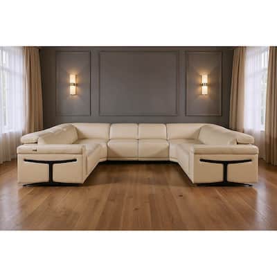 HomeRoots Beige Italian Leather Power Reclining U Shaped Eight Piece Corner Sectional With Console