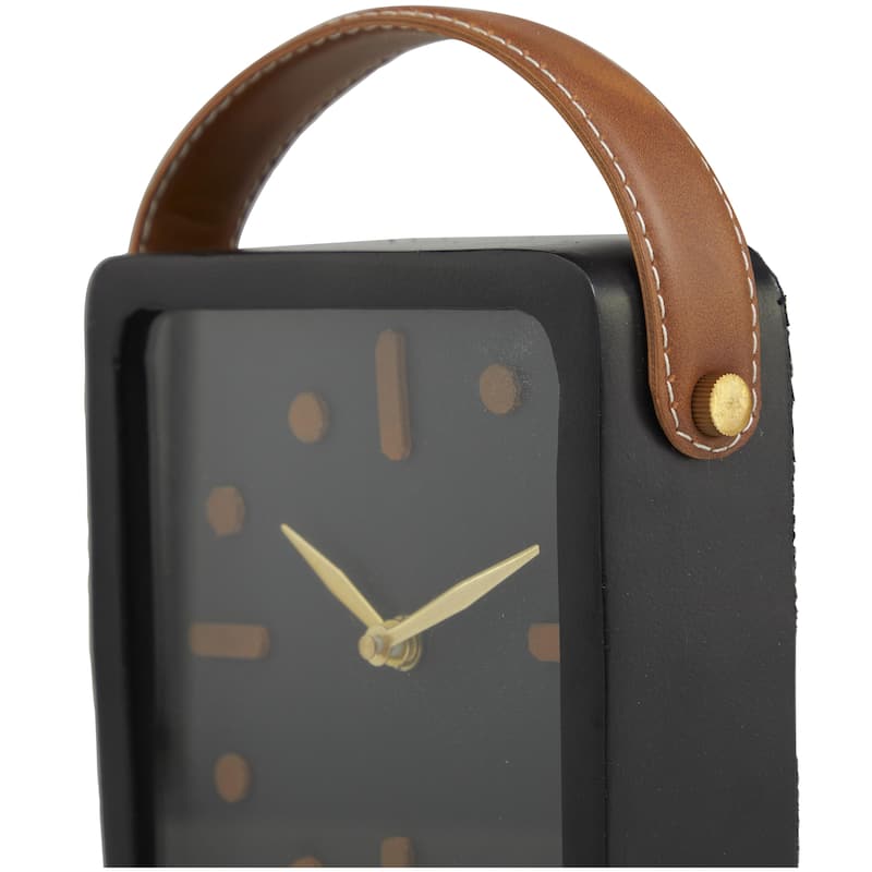 Metal Small Clock with Leather Handle and Hour Markers - Black - Roche River Decor