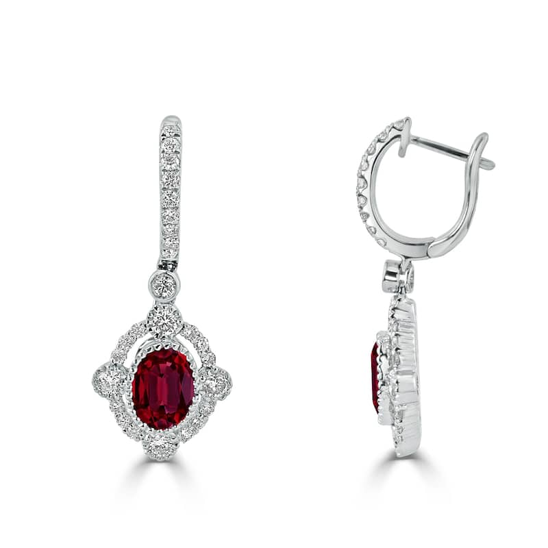 Auriya 2 1/5ct Fancy Oval-cut Red Ruby Halo Diamond Dangle Earrings 7/8ctw 18k Gold