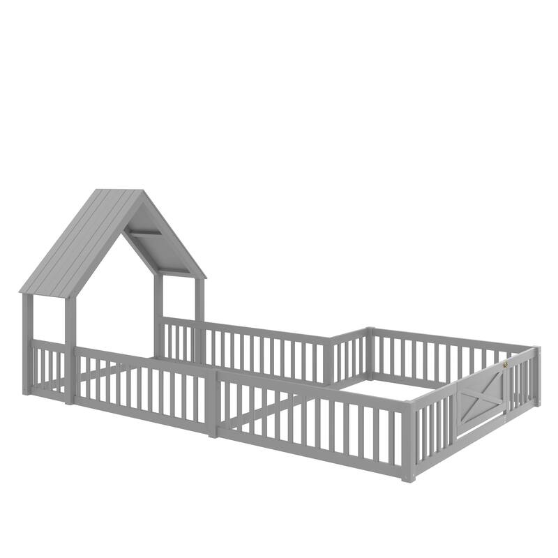 Full Size House Floor Bed, Double Full Floor Bed with Door and Full-length Guardrails, Multi-function Design