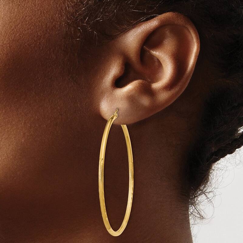 Curata 14k Yellow Gold Satin and Sparkle Cut 45x2mm Round Tube Hoop Earrings