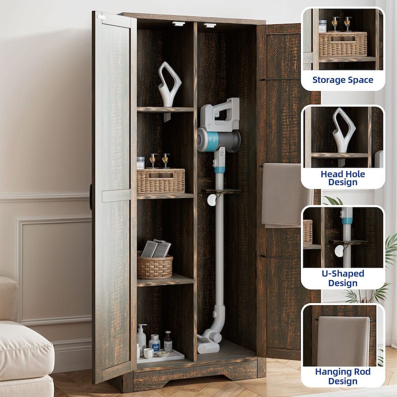 Moasis Broom Closet Storage Cabinet with Doors, Farmhouse Cleaning Tool Cabine with Shelves