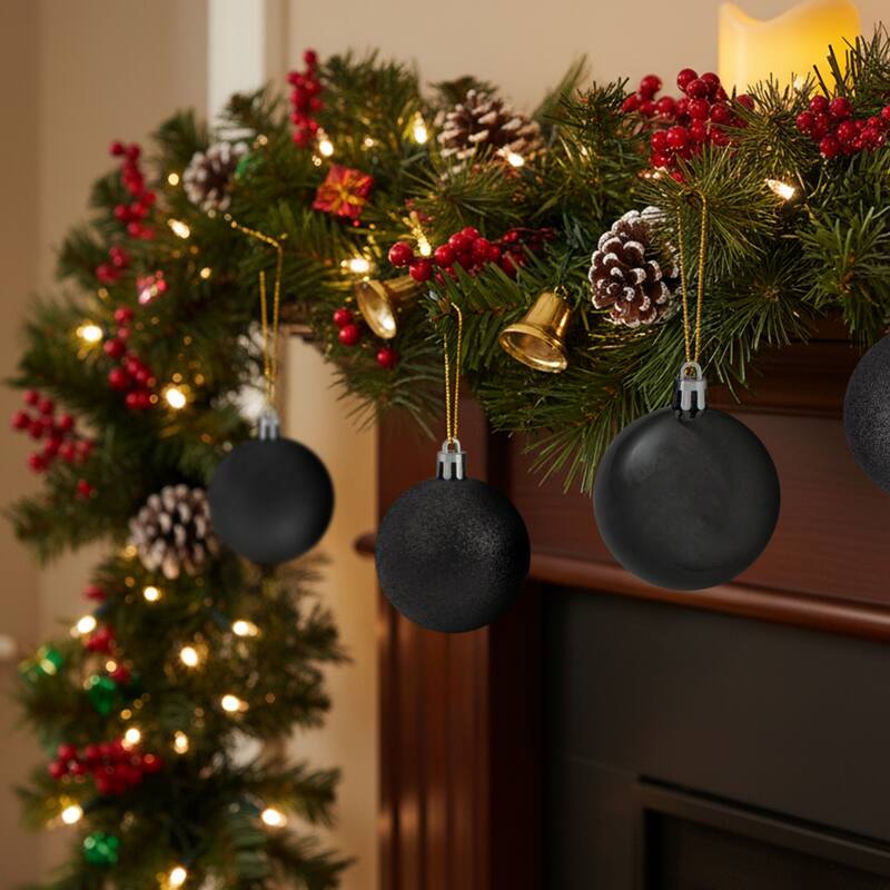 24ct Jet Black Shatterproof 4-Finish Christmas Ball Ornaments 2.5"