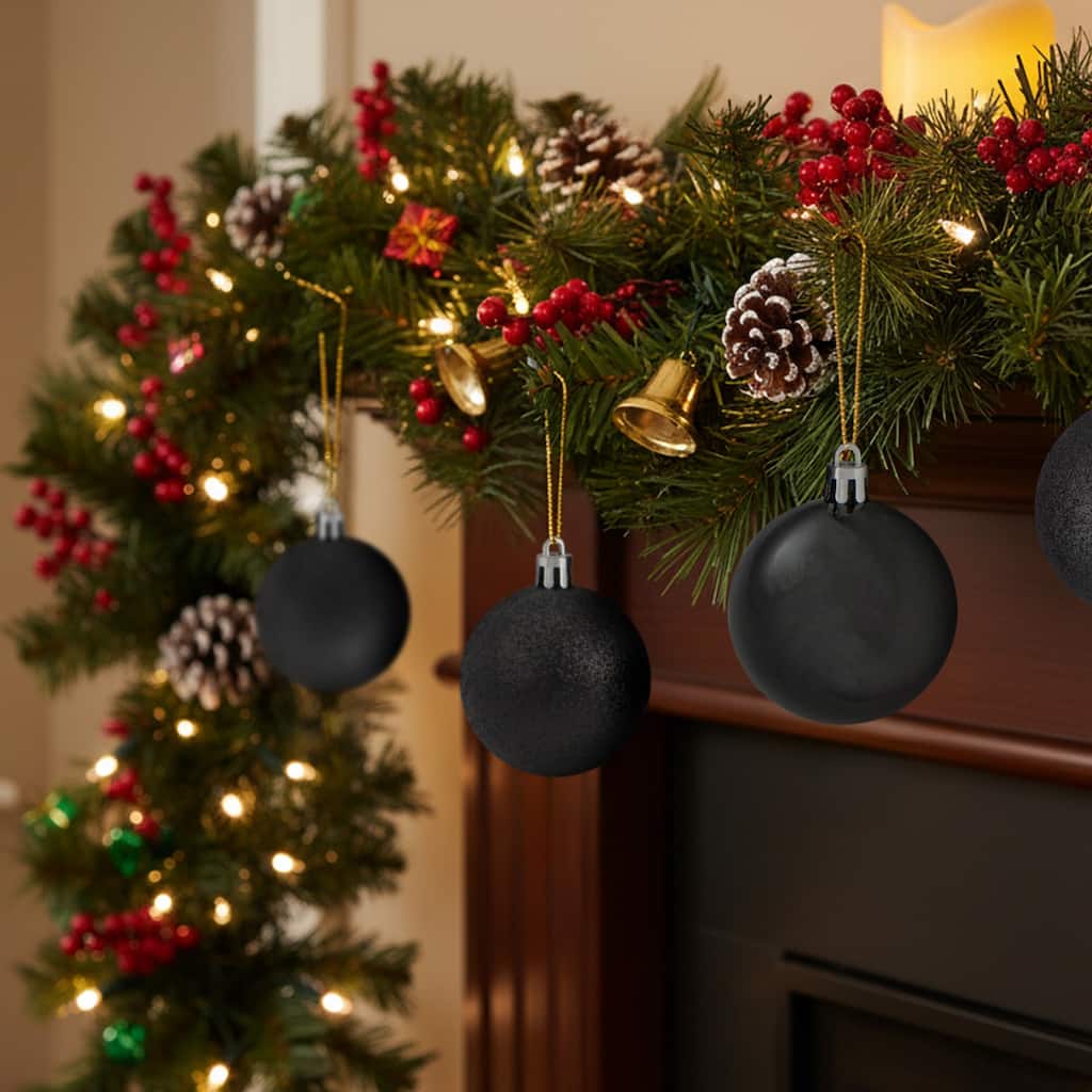 24ct Jet Black Shatterproof 4-Finish Christmas Ball Ornaments 2.5"