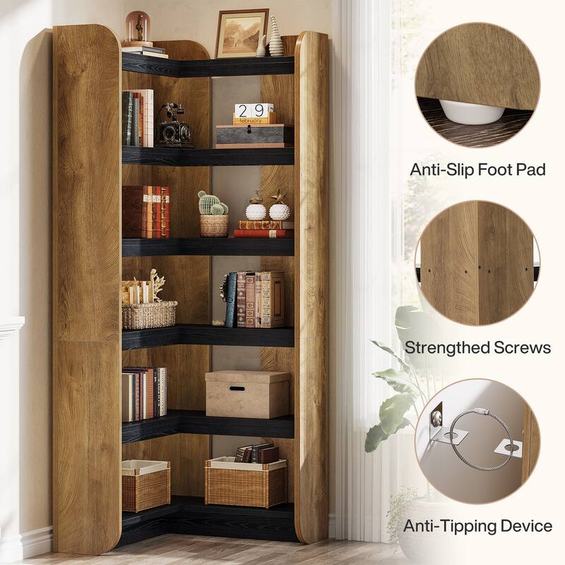 6-Tier Corner Bookshelf, 70.9-Inch Tall Wooden Bookcase