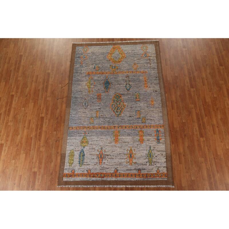 Hand Knotted Oriental 100% Wool Carpet Modern Tribal Greys & Charcoal Moroccan Area Rug - 9' 10'' X 6' 2''