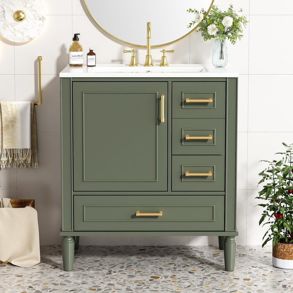 30" Freestanding Single Sink Storage Cabinet Bathroom Vanity with Gold Handles, Groove Decoration and Overflow Drain Protectio