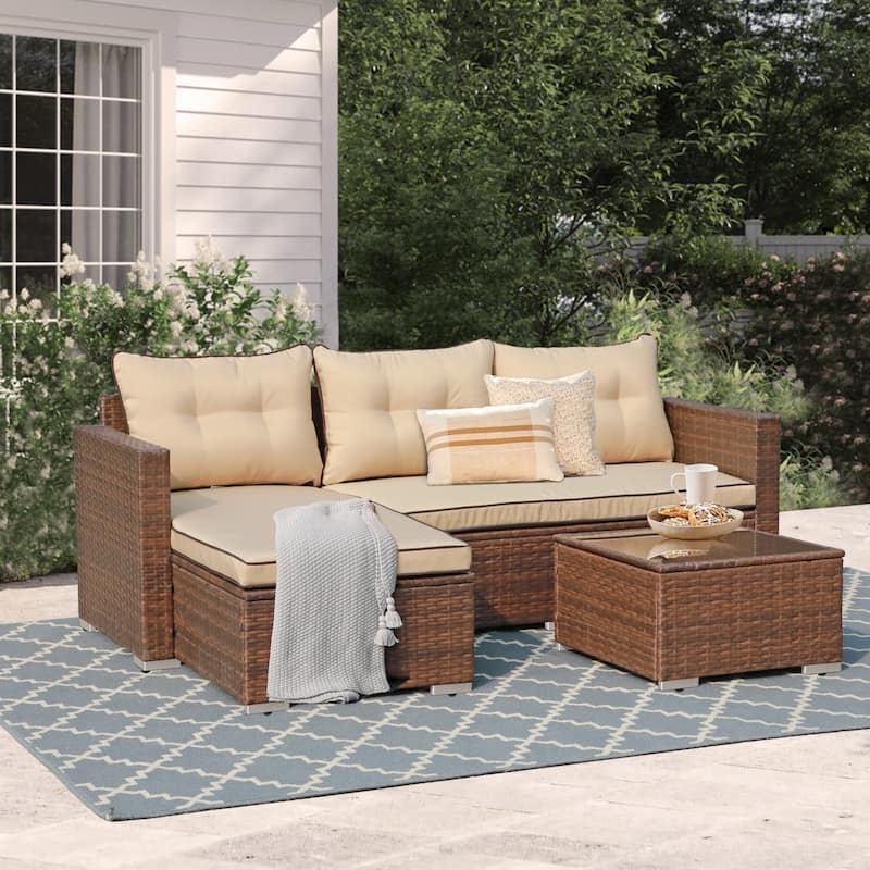 PE Wicker 3-piece Outdoor Sectional Set - Beige