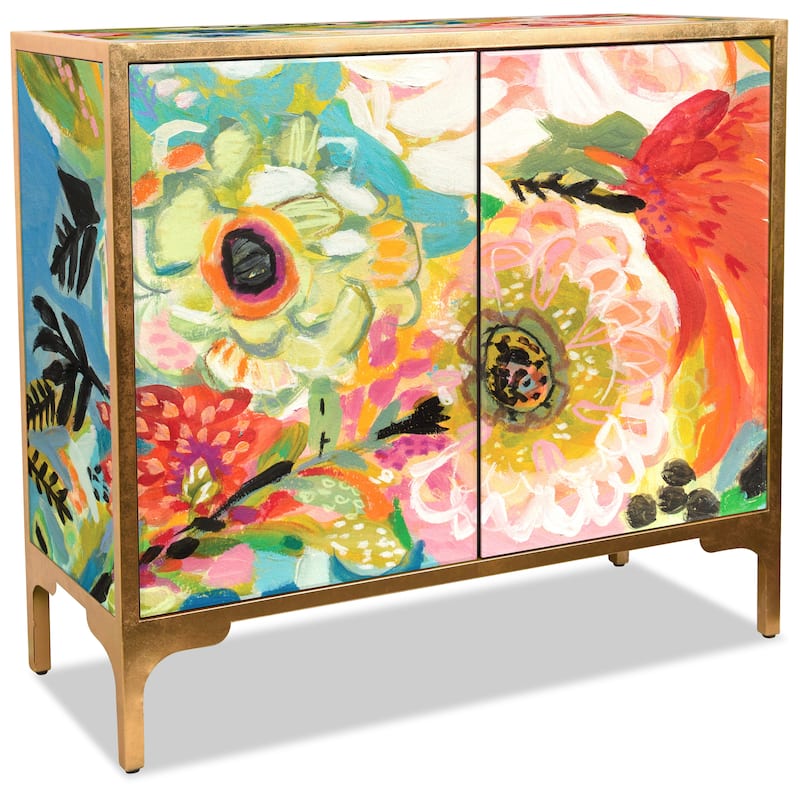 "Secret Garden Floral" Cabinet Console Table on Beveled Reverse Printed Art Glass with Iron Gold Leafed Frame