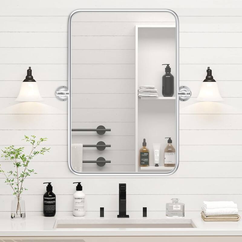 Rectangle Bathroom Tilting Vanity Wall Pivot Mirror, with Rounded Corner Design