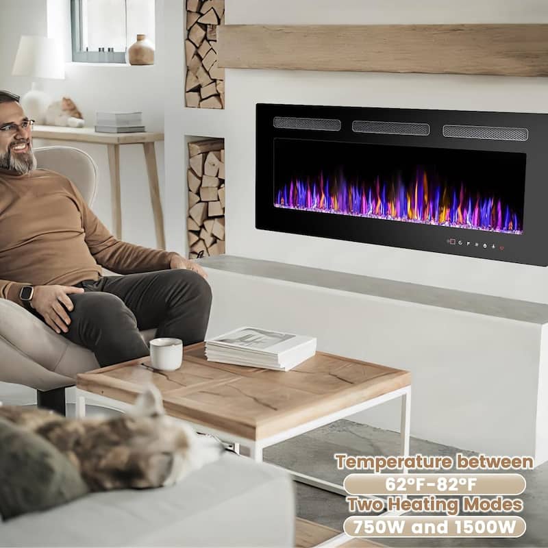 BOSSIN Electric Fireplace Wall Mounted and Recessed with Remote Control, 750/1500W Ultra-Thin Wall Fireplace Heater, Low Noise