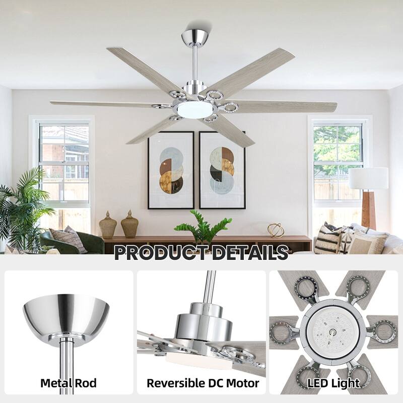 MLiAN 64 in. 6 Playwood Blade Dc Motor Indoor Downrod Gray Standard Ceiling Fan with Remote Integrated LED - 64''