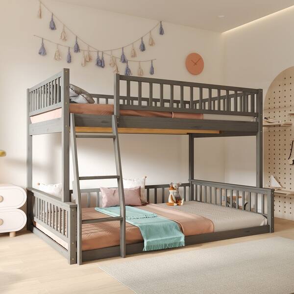 slide 2 of 9, Detachable Full XL Over Queen Wood Bunk Bed with Ladder and Guardrails Grey Grey - Queen