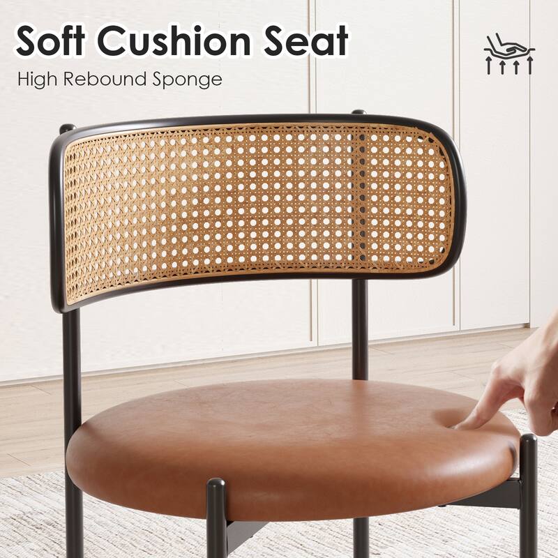 Dining Chairs Set of 4, PU Leather Upholstered Seat with Woven Rattan Back, Sturdy Metal Legs Modern Side Chairs