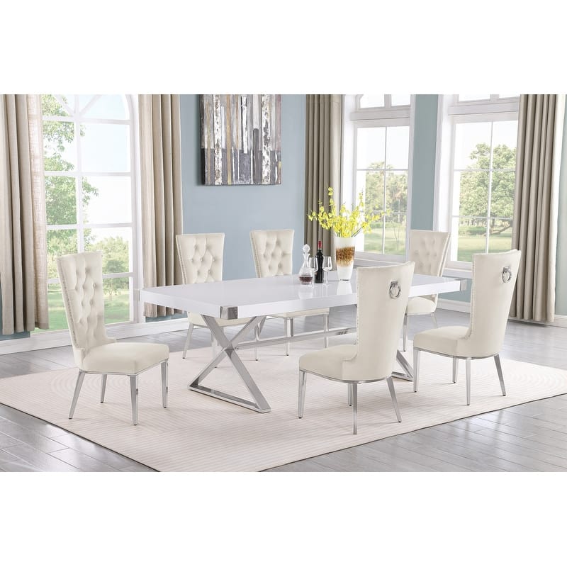 Best Quality Furniture D442/3-SC330-7 Dining Set with 94" White Lacquer Wood Top - 7-Piece - Cream / Silver