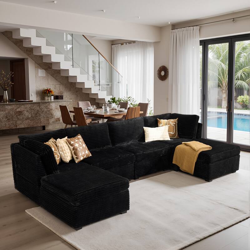 HOOOWOOO Modular U-shaped Corduroy Fabric Sectional Sofa Couch with Ottoman - Black-Plush