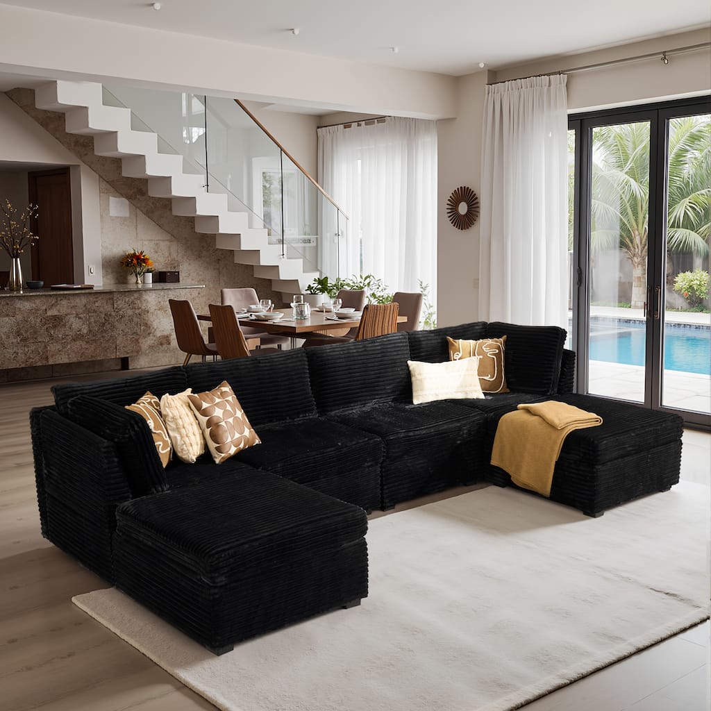 HOOOWOOO Modular U-shaped Corduroy Fabric Sectional Sofa Couch with Ottoman