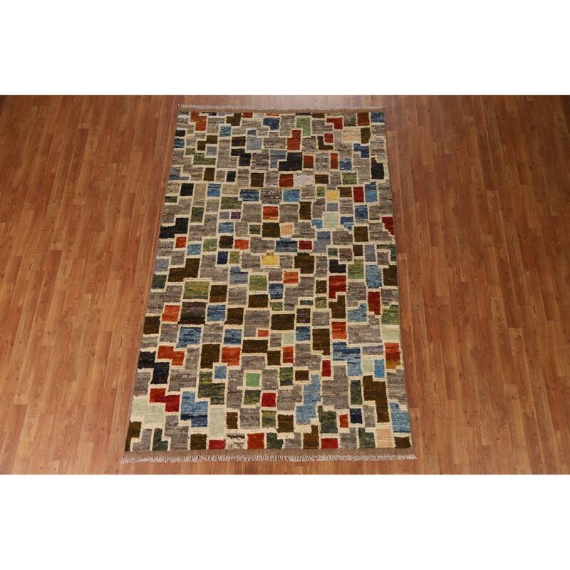 Hand Knotted Oriental 100% Wool Carpet Modern All-Over Greys & Charcoal Moroccan Area Rug - 8' 1'' X 5' 2''