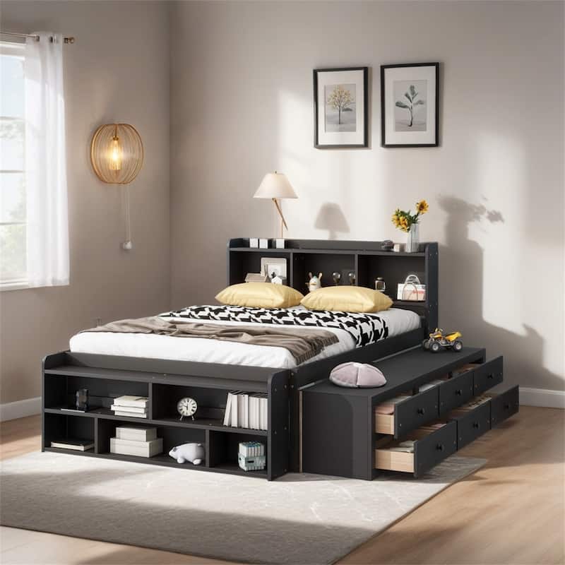 Full Bed w/Bookcase Headboard,Under bed Storage Drawers & Storage Case