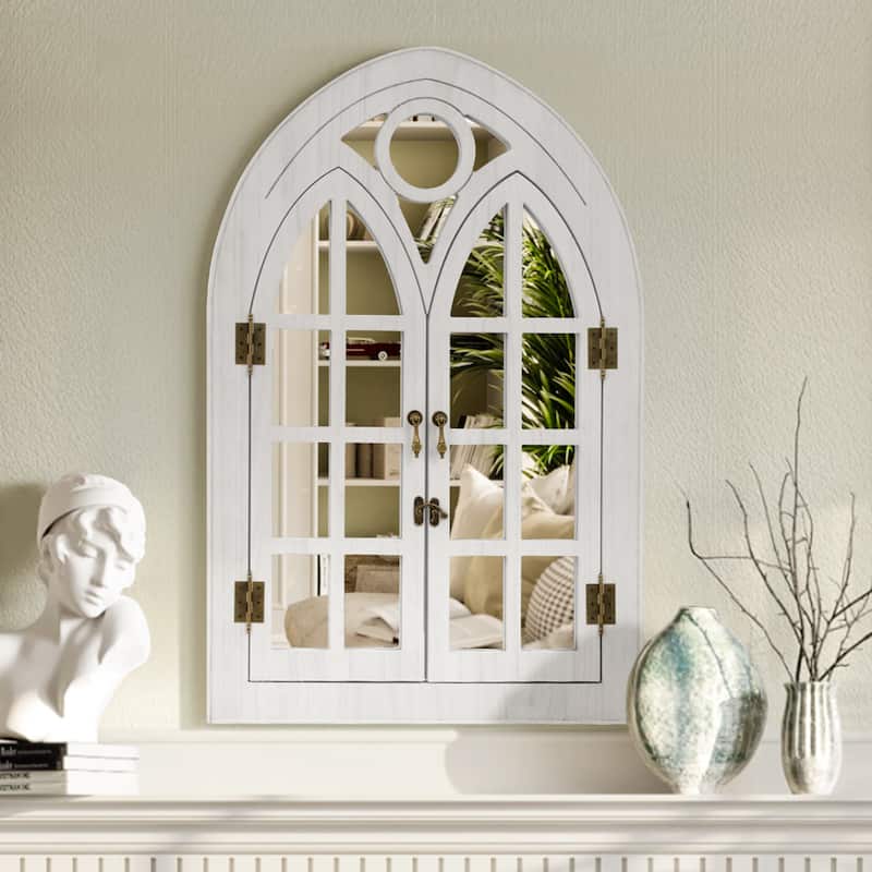 Classic Arched Wood Framed Window Pane Wall Mirror