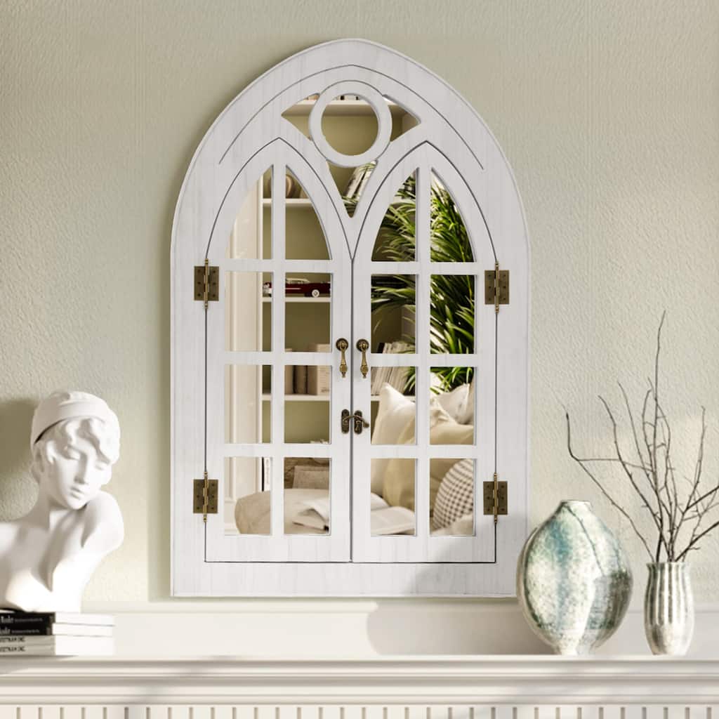 Classic Arched Wood Framed Window Pane Wall Mirror