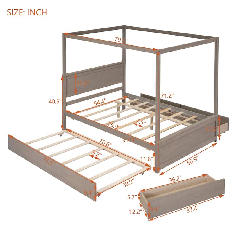 Canopy Platform Bed with Trundle and 2 Drawers, Support Slats