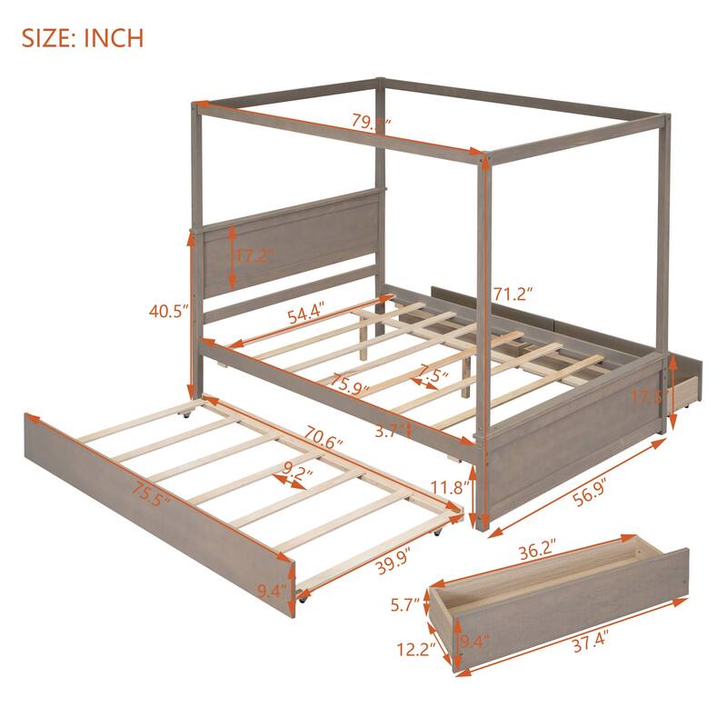 Wood Canopy Bed with Trundle Bed and two Drawers, Canopy Platform bed With Support Slats .No Box Spring Needed