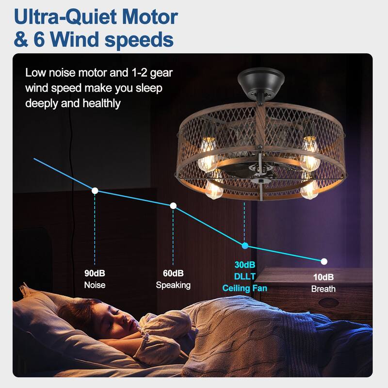 20-26" Caged outdoor Ceiling Fan with Light: Remote App Control-Farmhouse Fandelier Flush Mount Fixture Reversible 6 Speed Timer