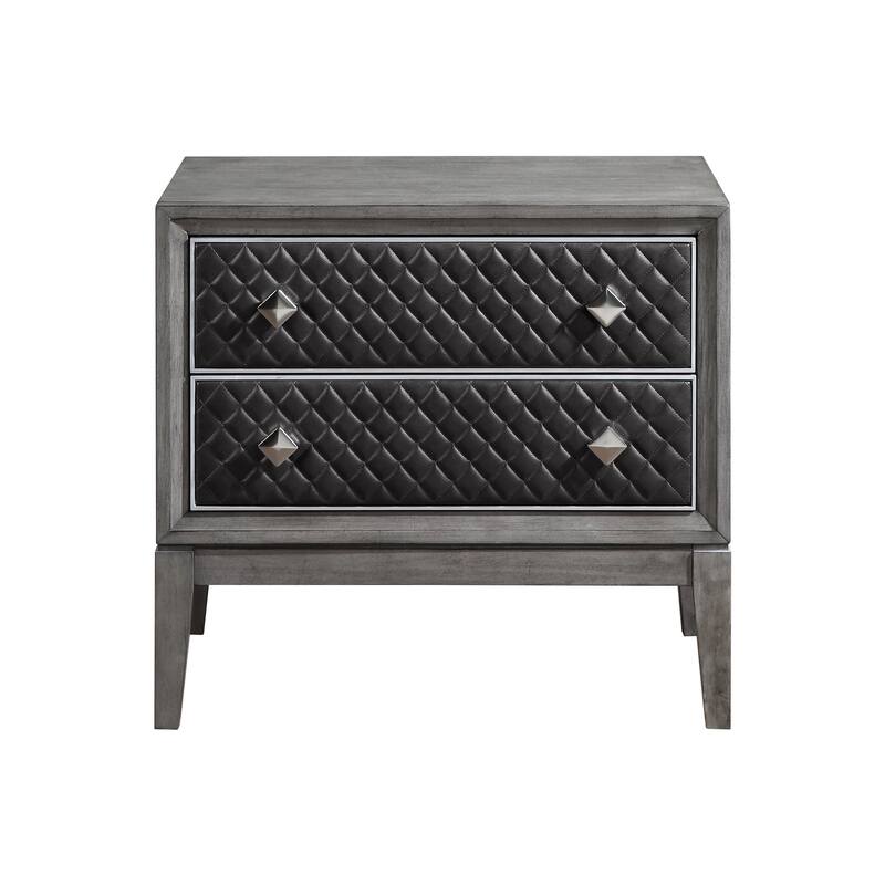 Stacy 29 Inch Nightstand, 2 Faux Leather Upholstered Drawers, Gray Wood