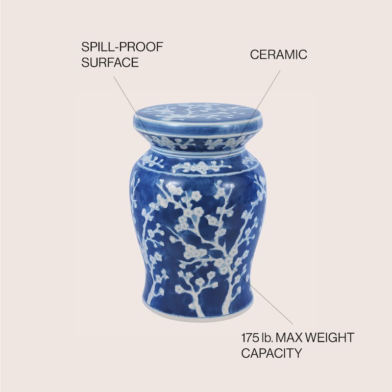 Cherry Blossom 17.7" Ceramic Garden Stool, Navy/White by JONATHAN Y