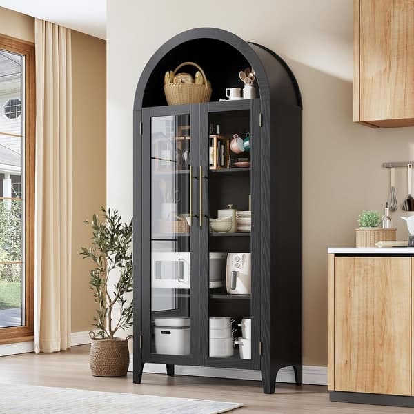 Arched Kitchen Pantry Storage Cabinet, 5-Tier Display Bookcase with Adjustable Shelf and 2 Glass Doors - Black