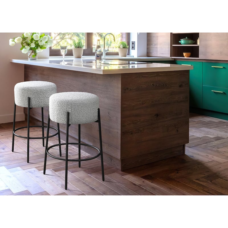 LuXeo Danica Bar Stool Black Steel Legs with Upholstered Seat (Set of 2) - Grey Boucle Seat - Bar Height - 29-32 in.