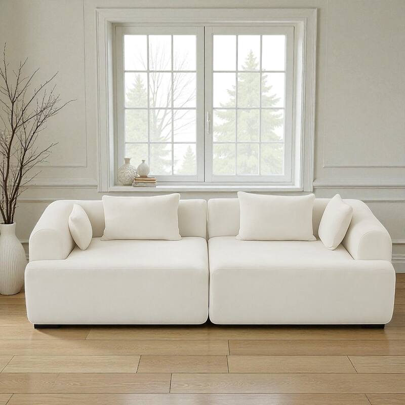 96" Full-Foam Modular Boucle Sectional Sofa, 2-Piece Low-Profile Couch with Rounded Arms - White