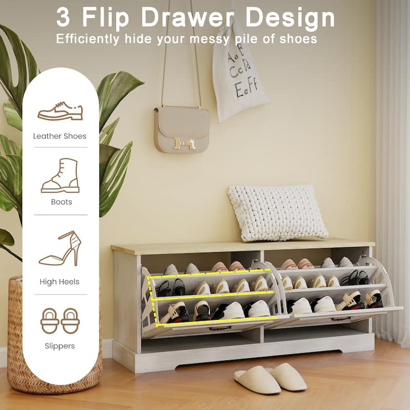 Shoe Storage Bench with 2 Flip Drawers and Adjustable Shelf