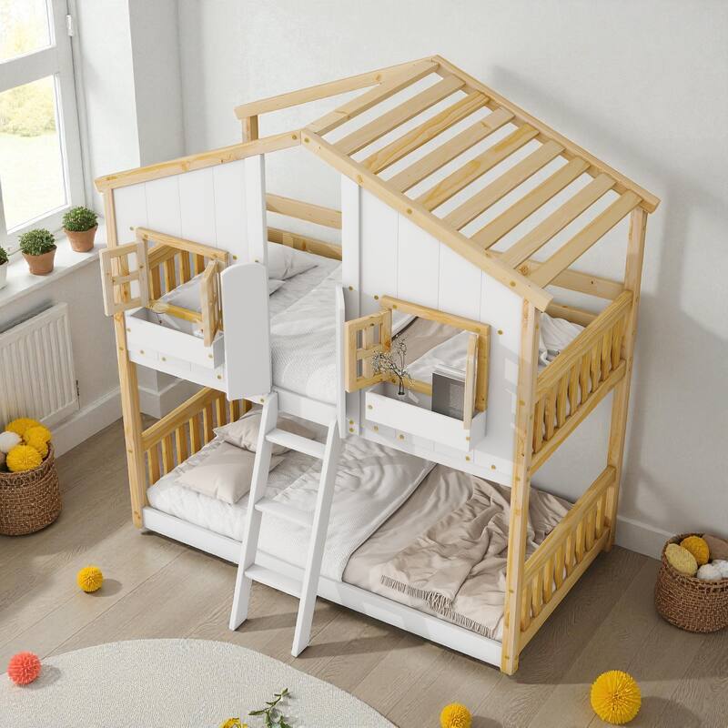 Twin Over Twin Wooden House Bunk Bed with Roof, Windows, Door, and Ladder, Kids Playhouse Bed with Guardrails