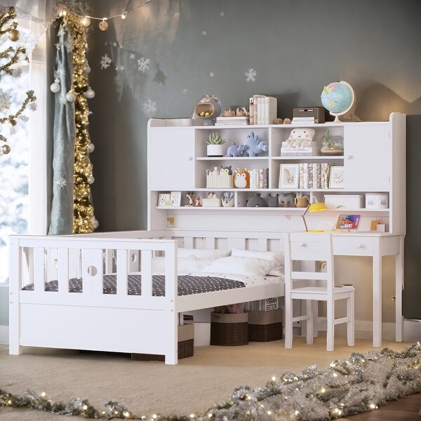 Multifunctional Wood Platform Bed with Bookshelf and Built in Desk and Matching Chair White