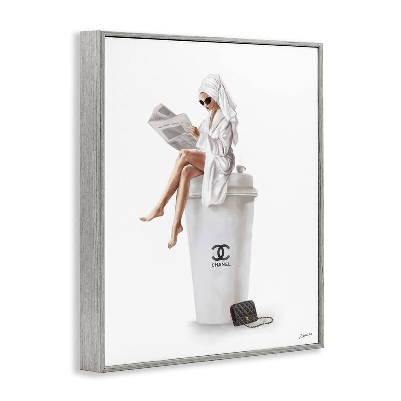 Stupell Chic Fashion Coffee and Purse Female Robe Pose Framed Giclee Texturized Art by Ziwei Li
