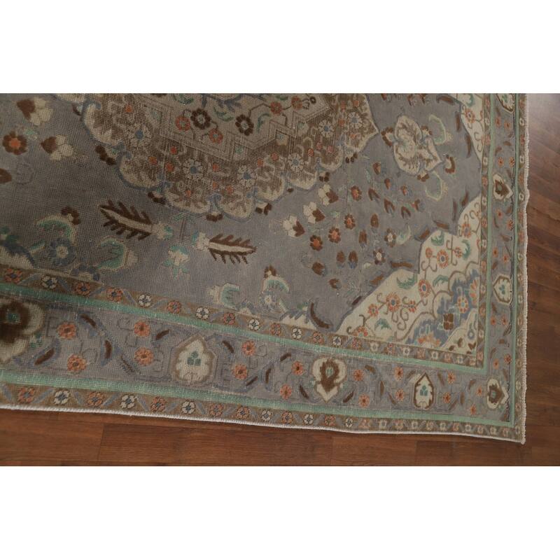 Distressed Grey Tabriz Vintage Persian Rug Hand-Knotted Wool Carpet - 6'7" x 9'4"