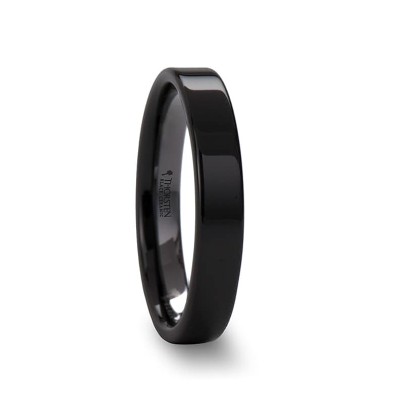 Black Ceramic Wedding Ring with Real Rosewood Inlay and Polished Beveled Edges 6mm Band 