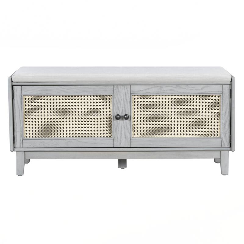 Rattan Entryway Bench with Storage, Cushioned Shoe Bench with Double Doors
