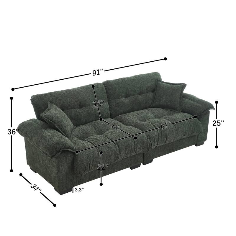 91" Modern Chenille Sofa Tufted Upholstered Couch with Two Throw Pillows for Living Room, Office, Living Room