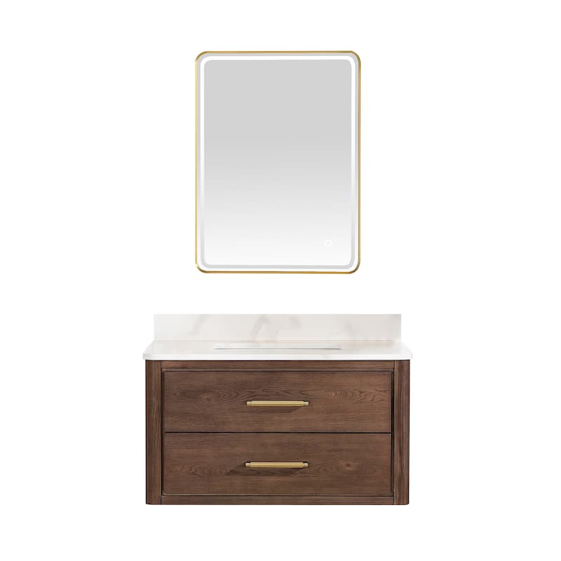 Miseno MV-706636 Cristo 36" Wall Mounted Single Basin Vanity Set with - Aged Dark Brown Oak / Fish Maw White - Oak Finish