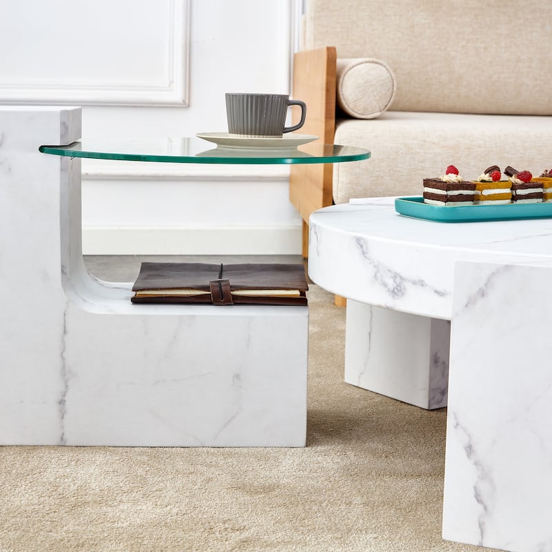 Double-Layer Round Coffee Table, Transparent Glass Top with L-Shaped Legs, Detachable Design Modern Center Table